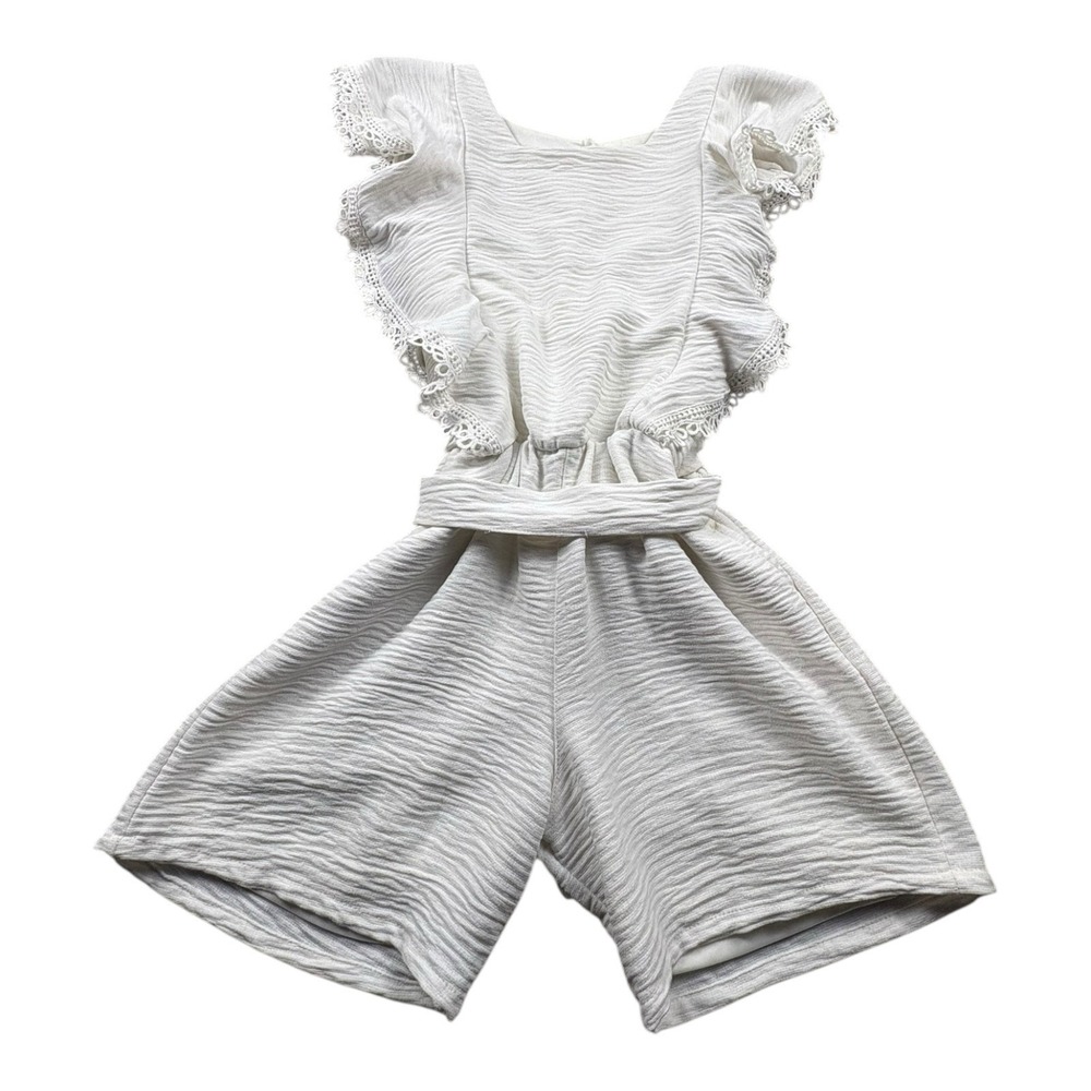 Happyland Girls Textured Romper‎ Size 8 Off White Flutter Sleeve Tie Waist